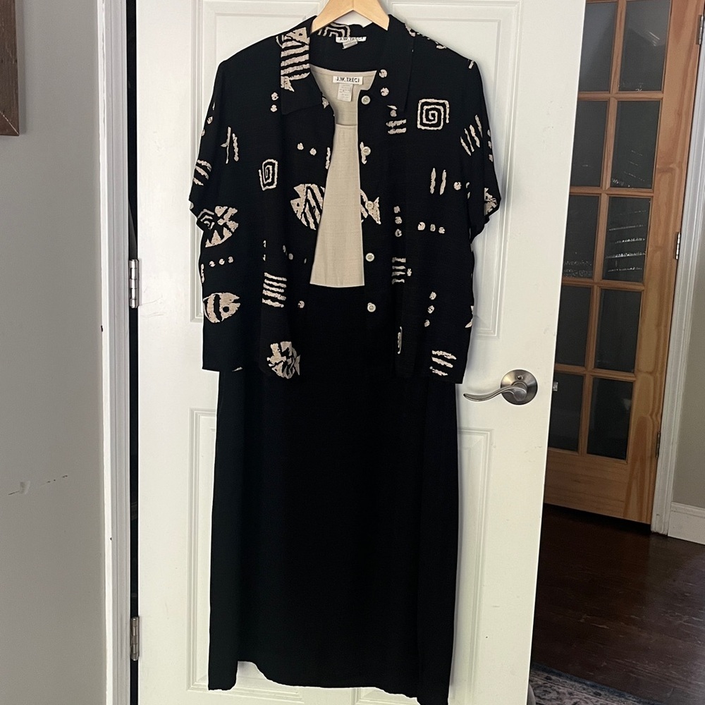 Vintage Black, Tan Tribal Patterned Jacket, Sleeveless Midi Dress Set